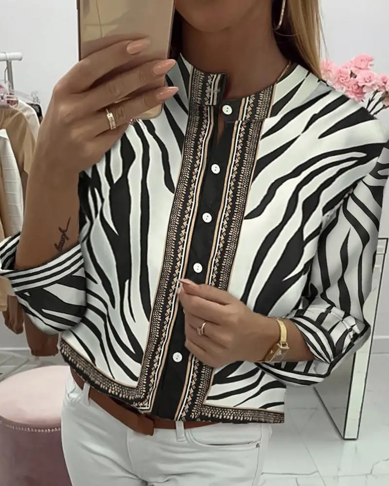  Women Long Sleve Zebra Print Single Breasted Blouse Shirt Zebra Shirt Elegant Office Ladies Workwea