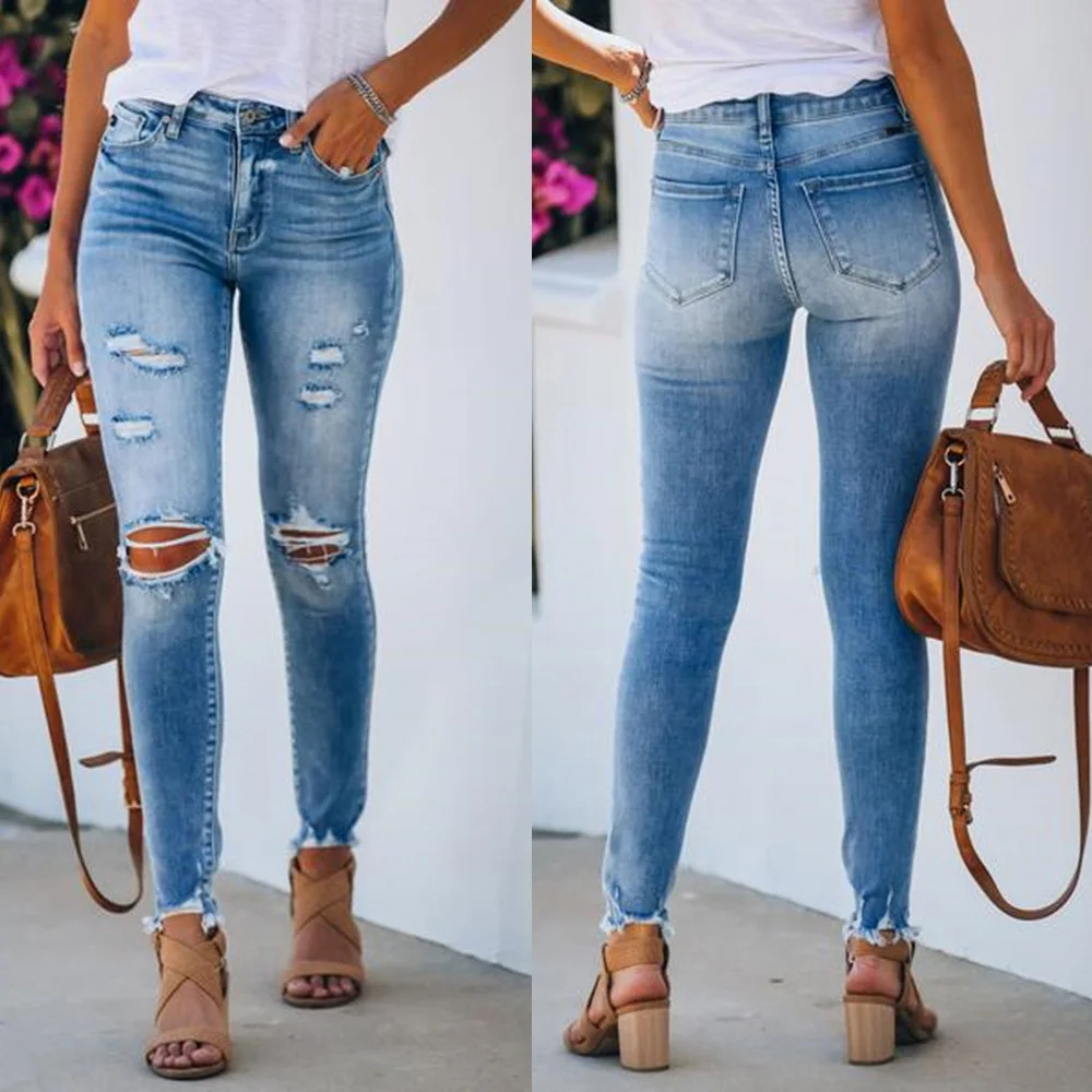 

Jeans for Women Hole Mom Jeans Woman High Blue Denim Plus Size XXL Pants Casual Female Washed Skinny Pencil Trousers S-XXL D30
