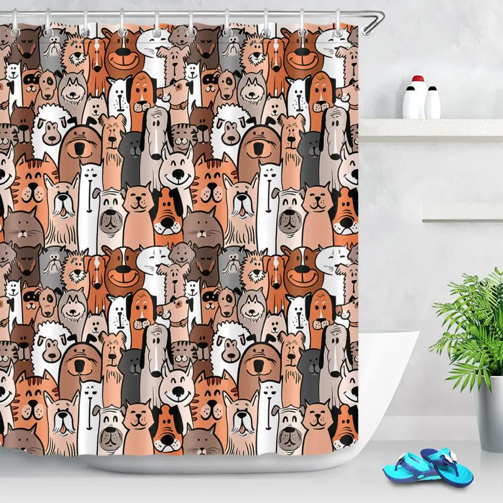 7" мультфильм прекрасный Doodle собака и кошки узор занавеска для душа с 12 крючками коврик для ванной водонепроницаемый ткань полиэстер