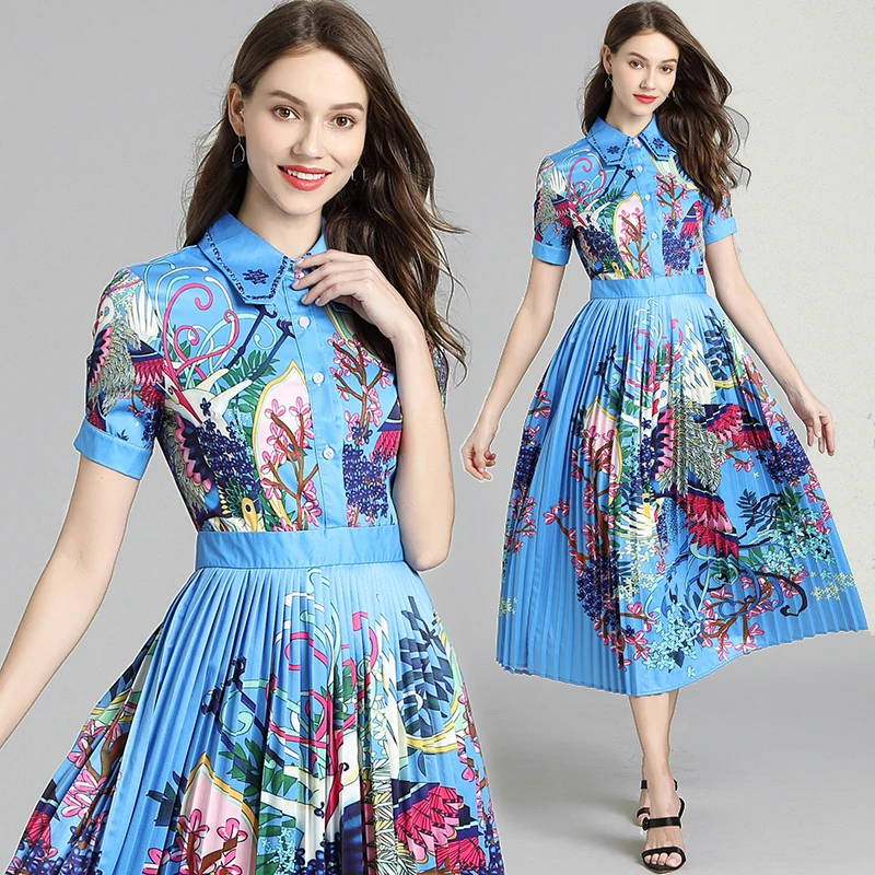 

Dresses High Quality Runway Fashion 2019 Women's Spring and Summer Lapel Phoenix Flowers Print Short Sleeve Pleated Dress