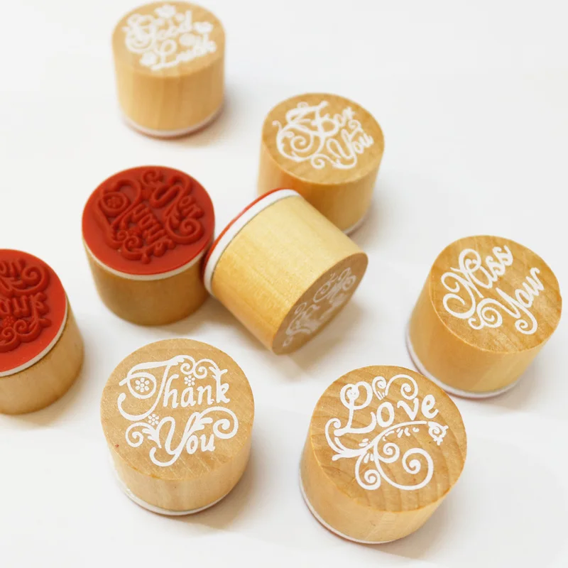 

1pc Thank You Wood Rubber Stamp Round Greeting Words Stamp Love Miss You Good Luck DIY Scrapbooking Wooden Stamp
