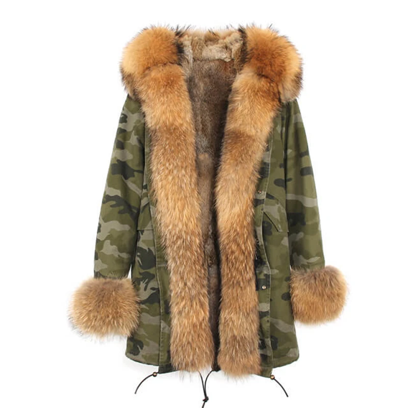 Camouflage 1 Новая зимняя парка из натурального меха для женщин с большим капюшоном, подкладка из меха енота, парка из натурального меха, Длинная Женская Толстая теплая верхняя одежда - Цвет: Camouflage 1