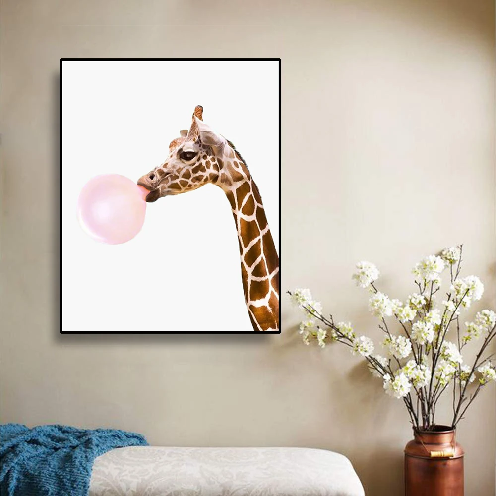 

Nordic Animal Bubble Chewing Giraffe Zebra Poster and Prints Wall Art Canvas Painting Nursery Decor Wall Picture Home Decoration