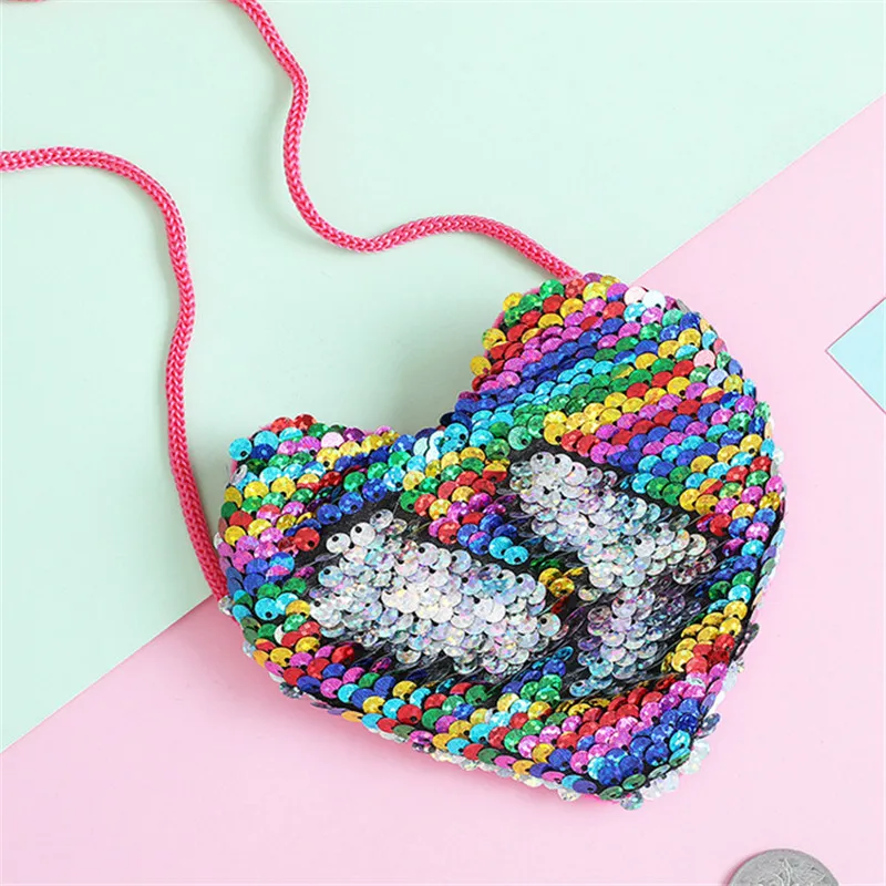 Fashion Baby Girl Princess Heart Shape Bags Shoulder Paillette Bag Crossbody Heart Mini Bags Kids Colorful Luxurious Wallet