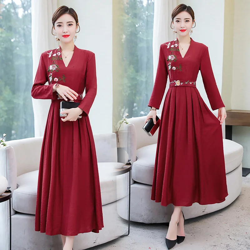 

2020 Spring New Style Chinese Clothing V-neck China Element Embroidered Waist Hugging Slimming Chinese Style Retro Waist Hugging