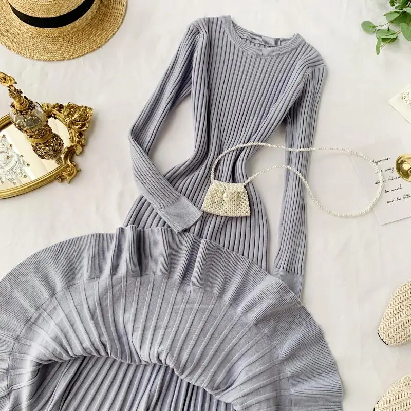 ALPHALMODA ТРАПЕЦИЕВИДНОЕ трикотажное платье с длинными рукавами облегающее расклешенное женское изящное осенне-зимнее платье-свитер