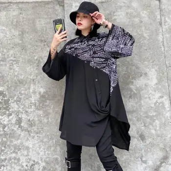 

Loose Hit Color Patchwork Letter Print Dress Irregular Women Clothes 2020 Spring Loose Turn Down Collar Elegant Dress ZLL4781