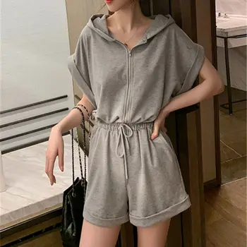 

Women Casual Summer Romper High Waist Sashes Overall Jumpers Pocket Shorts Jumpsuit Do Exercise Elastic Hooded Playsuit Bodysuit