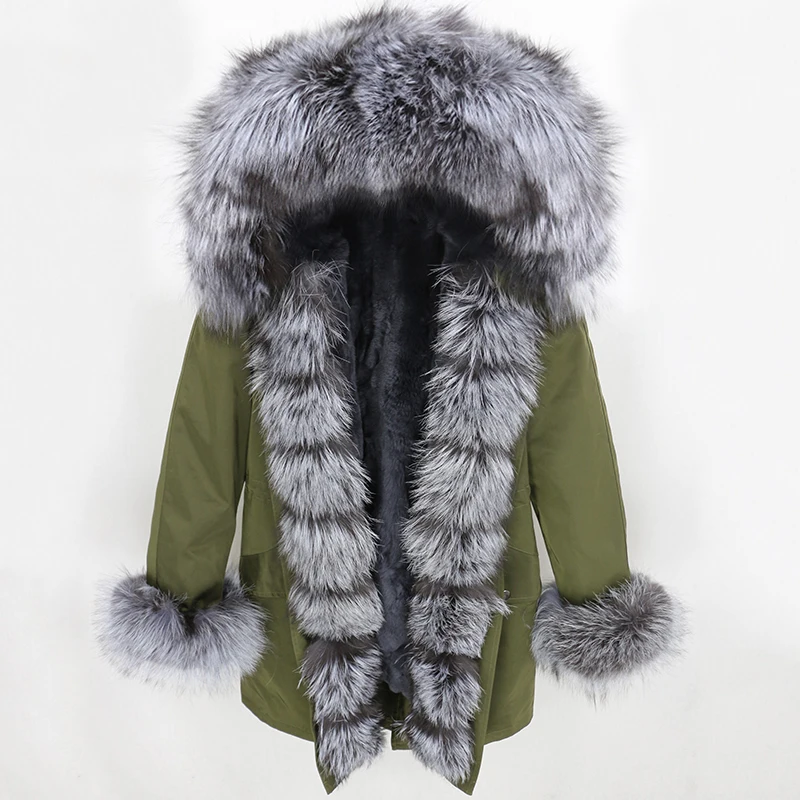 green silver grey OFTBUY, водонепроницаемая парка, натуральное меховое пальто, зимняя куртка для женщин, воротник из натурального меха енота, капюшон, подкладка из натурального кроличьего меха, съемная - Цвет: green silver grey
