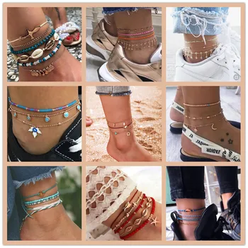 

GUVIVI 2020 Gold Color Chain Bracelet on Leg Beach Ankle Jewelry Bohemian Pendant Anklets Beads Anklets for Women