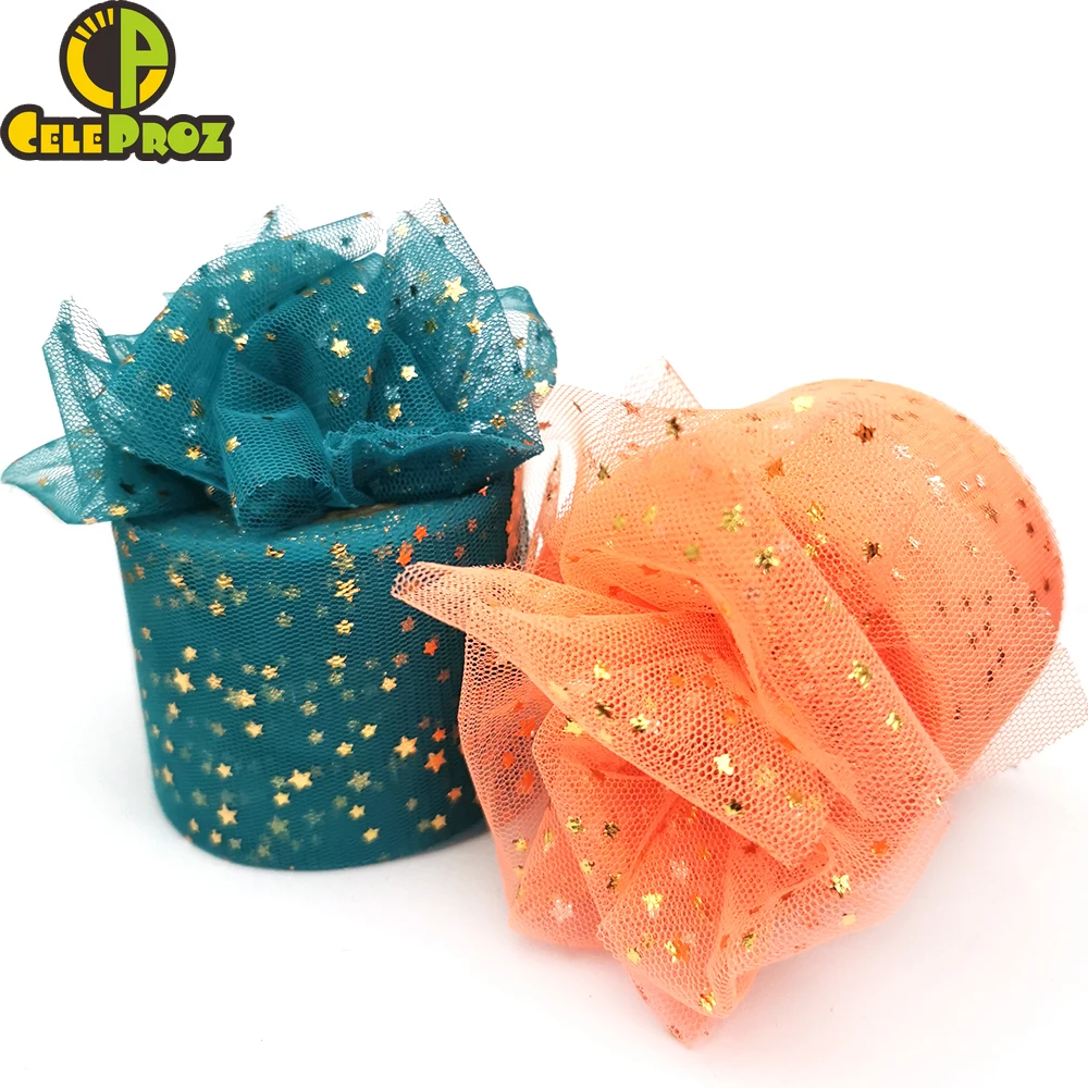 Ribbon Decoration 60mm 25yards Golden Silver Star Tulle Ribbon Glitter Mesh Spool For DIY Handmade Crafts Gift Wrap Scrapbooking Wedding Party
