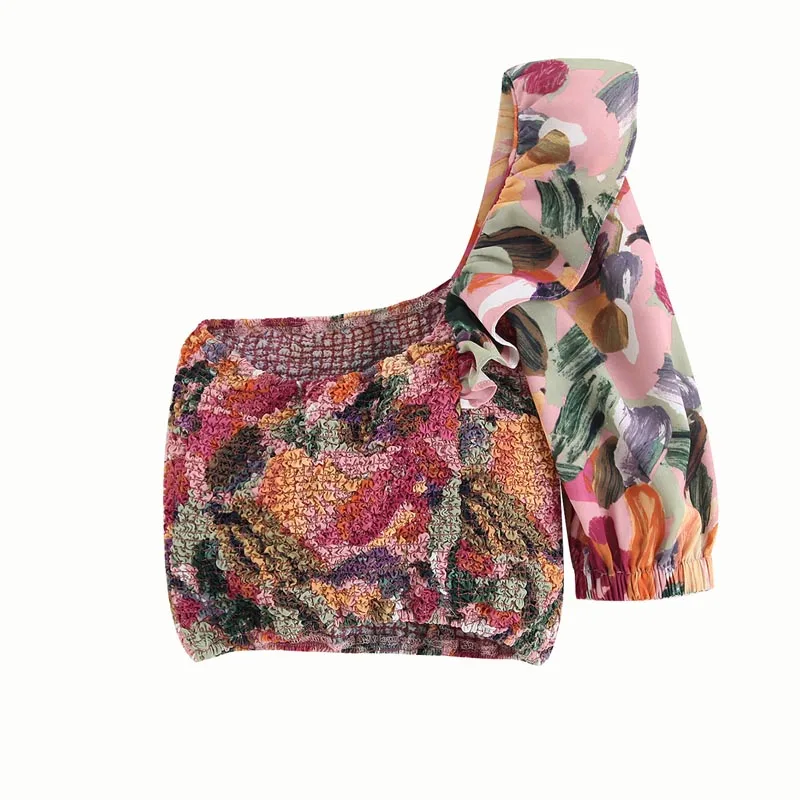 

CS953 New Fashion Women Sweet Floral Print One Shoulder Elastic Blouse Ladies Sweet Shirts Tops