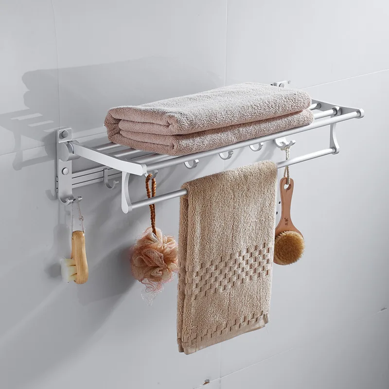 

Manufacturers with Hook Towel Rack Hole Punched Alumimum Double Layer Folding Towel Rack Storage Shelf