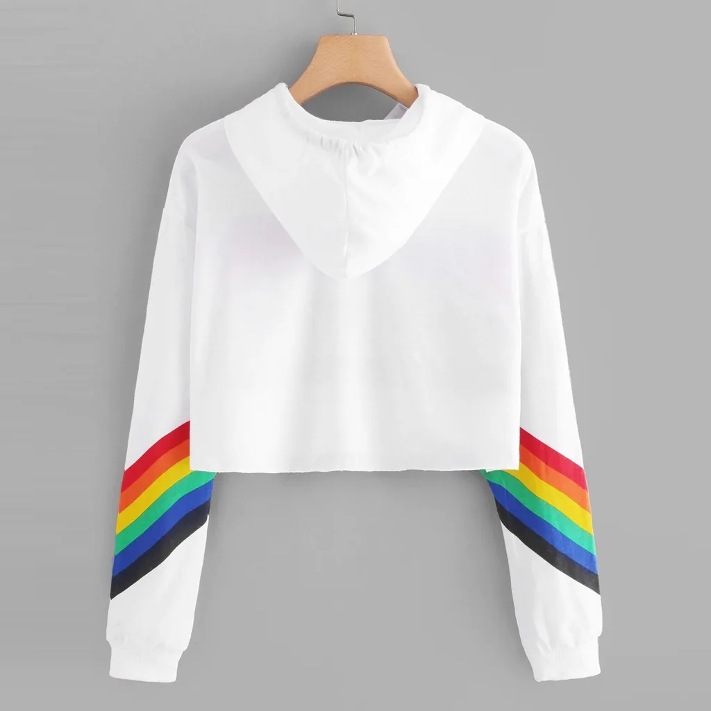 JAYCOSIN Fashion Women Rainbow Print Loose Long sleeve Sweatshirt Casual Stripe Colourful Chic Solid Elegant Hooded Pullover