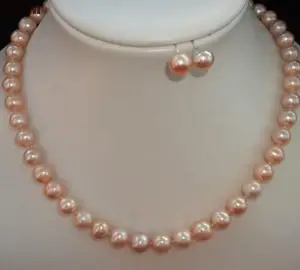 7-8MM Pink Akoya Cultured Pearl Necklace Earring Jewelry Set