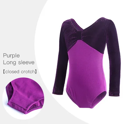 Purple-Closed Crotch Зимняя одежда для девочек из бархата и лайкры; хлопковый балетный танцевальный трико с открытой спиной; Детский костюм с длинными рукавами; Одежда для девочек; сценическая танцевальная одежда - Цвет: Purple-Closed Crotch