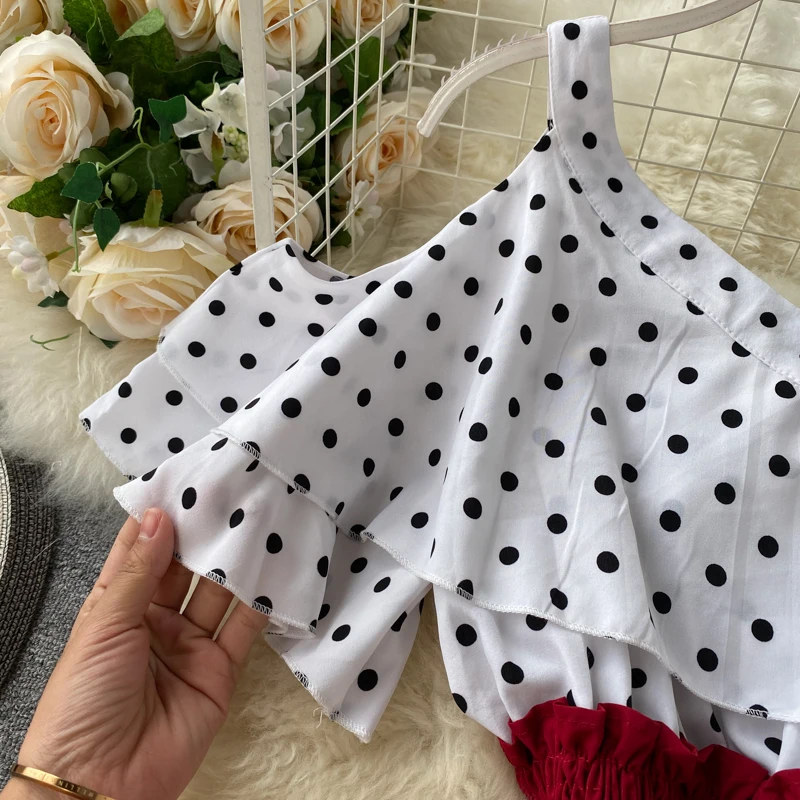 Boho Ruffles sexy Off shoulder polka dot print patchwork Summer short Dress Women slim waist dress casual a-line beach dress