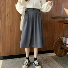 Женские юбки, весна, японский стиль, Ретро стиль, эластичная, высокая талия, трапециевидная, до середины икры, плиссированная юбка, серая, черная, saia faldas B224