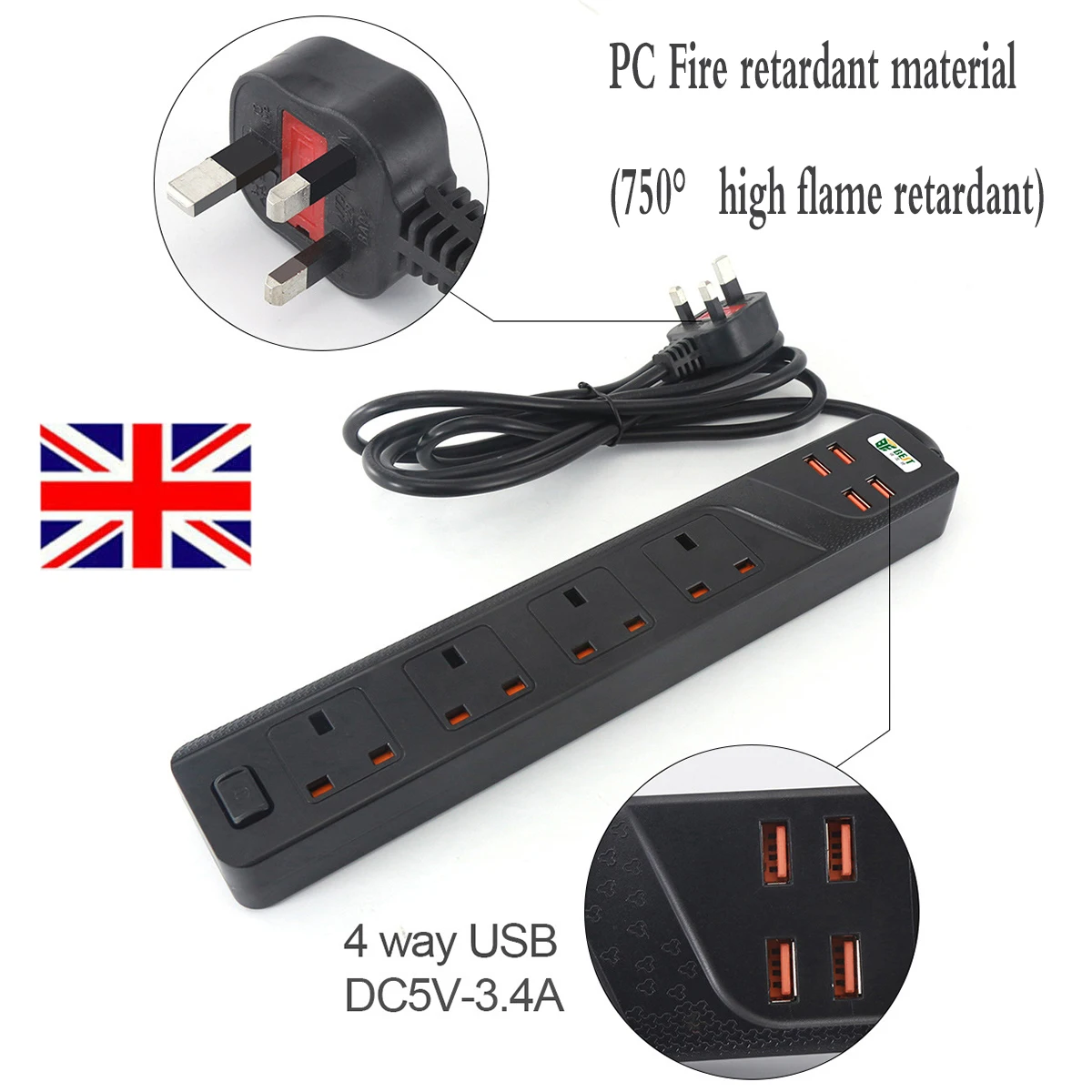 New Universal 2500W large power Charger 4 USB Port Socket Switched Extension Lead PC Fire Retardant With 2m Cable | Электроника