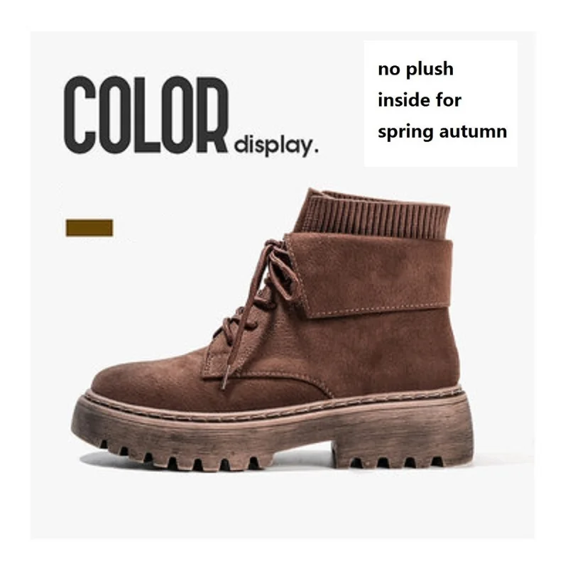 Spring Autumn Brown Европейский стиль; сезон весна-осень; женские ботильоны из нубука на платформе со шнуровкой; женские плюшевые короткие рабочие ботинки; 191208 - Color: Spring Autumn Brown