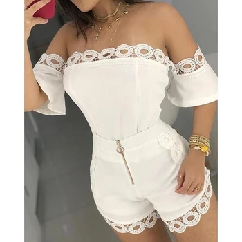 

Summer Women Playsuits Sexy Strapless Short Sleeve Off Shoulder Solid Color Backless Skinny Hollow Out Lace Patchwork Playsuits