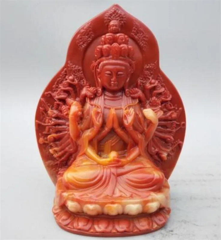 YM Copper Statue Collection Chinese Shoushan Stone Carved Guanyin Thousand-Hand Kwan-yin Bodhisattva Handing Lotus Exquisite Bud | Дом и сад