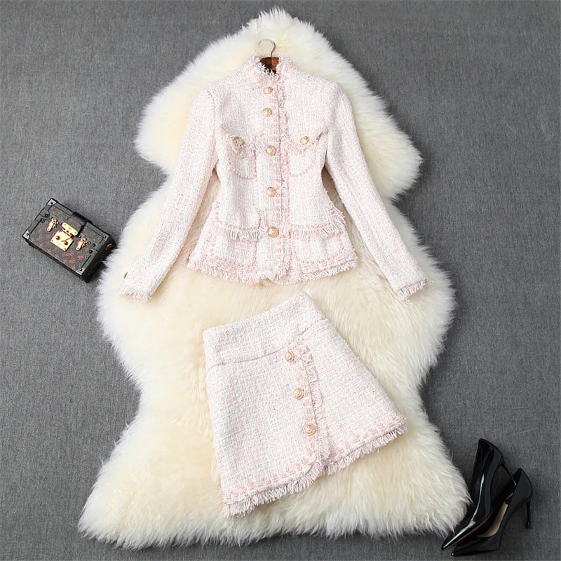 Осенне-зимний роскошный твидовый пиджак с жемчужинами и бисером и юбка, костюм, Элегантный женский наряд для вечеринки, Женский комплект одежды из 2 предметов - Цвет: Розовый