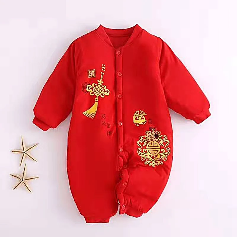 

Baby O-Neck Front Buttons Rompers Breathable Spring Festival Long Sleeve Splicing Costume Chinese Daily Warm Playsuit New Year