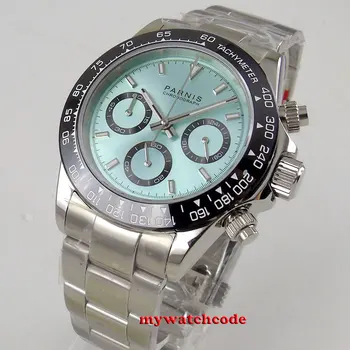 

39mm PARNIS Blue/Black/white Dial Sapphire Glass Cermaic Bezel Chronograph Quartz Mens Watch Stainless Steel Strap