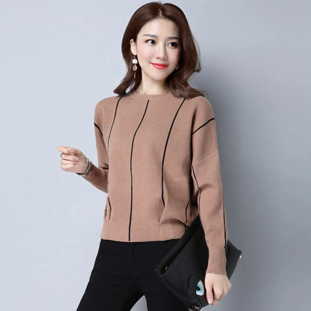 High quality comfortable casual sweater women Korean short O-neck pullover loose bat sleeve knit top fashion striped sweater