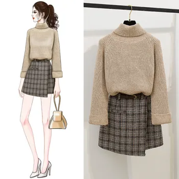 

2019 Autumn Fashion Week Women Sweet Two-piece Suite Women Grace High collar wool Pullover+Irregular Tweed Short Dress Suit