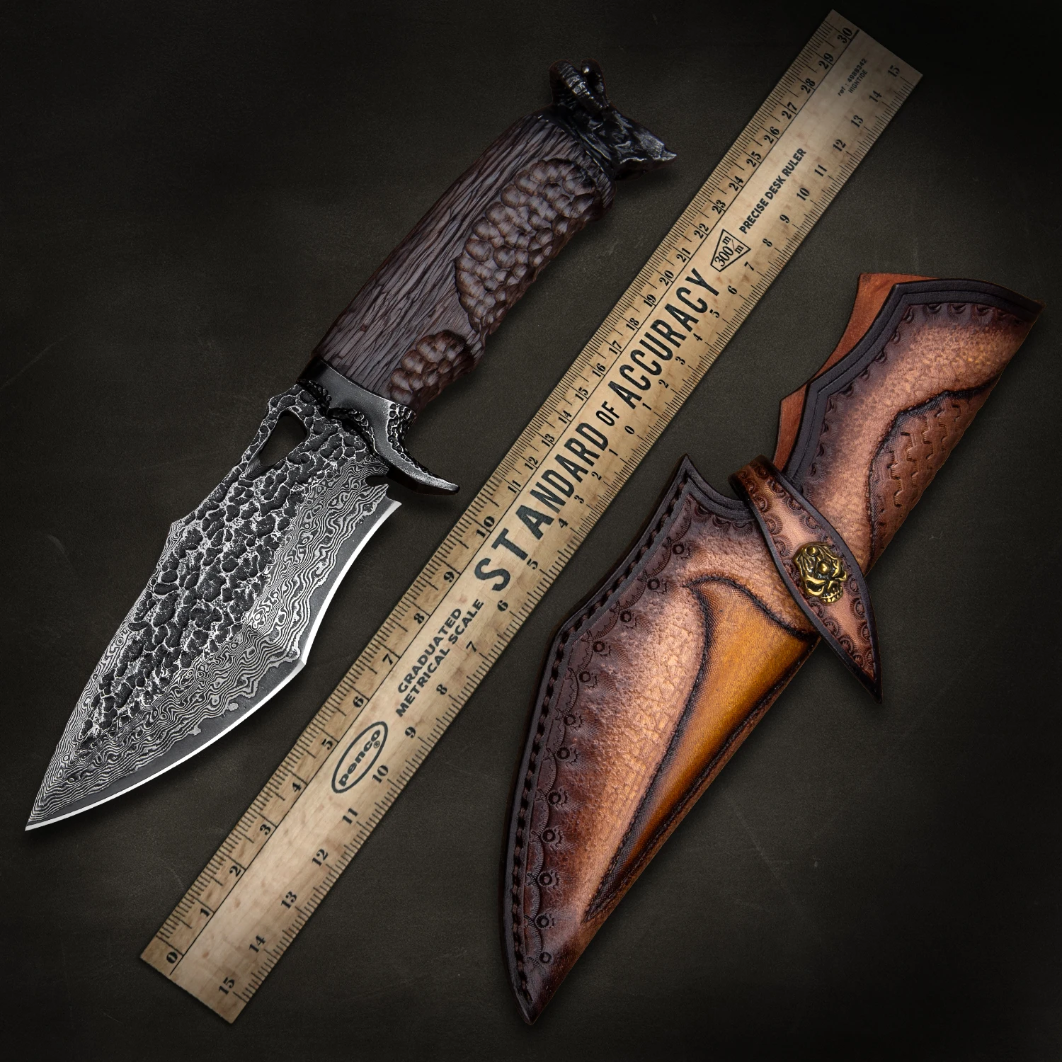TURENZ- VG10 Damascus Steel Tactical Hunting Knife Outdoor Survival Camping Tool Handmade Ebony Fixed Blade Knife with Sheath