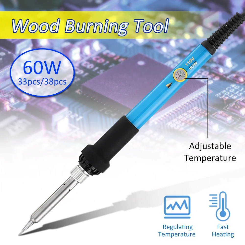 

33/38Pcs Wood Burning Kit Carving Pyrography Pen Kit 60W Adjustable Temperature Wood Embossing Burning Set