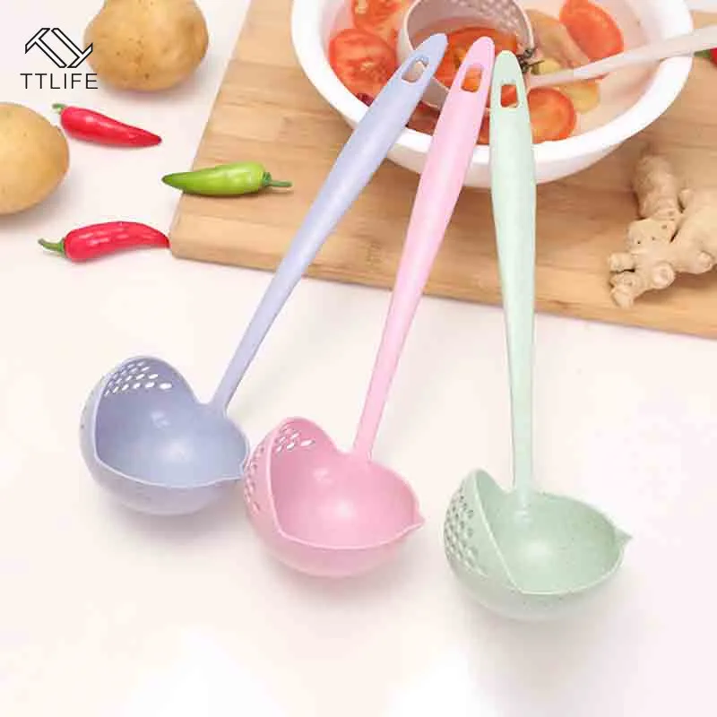 

4 Colors 2 In 1 Long Handle Soup Spoon Home Strainer Cooking Colander Kitchen Scoop Plastic Ladle Tableware Accessories