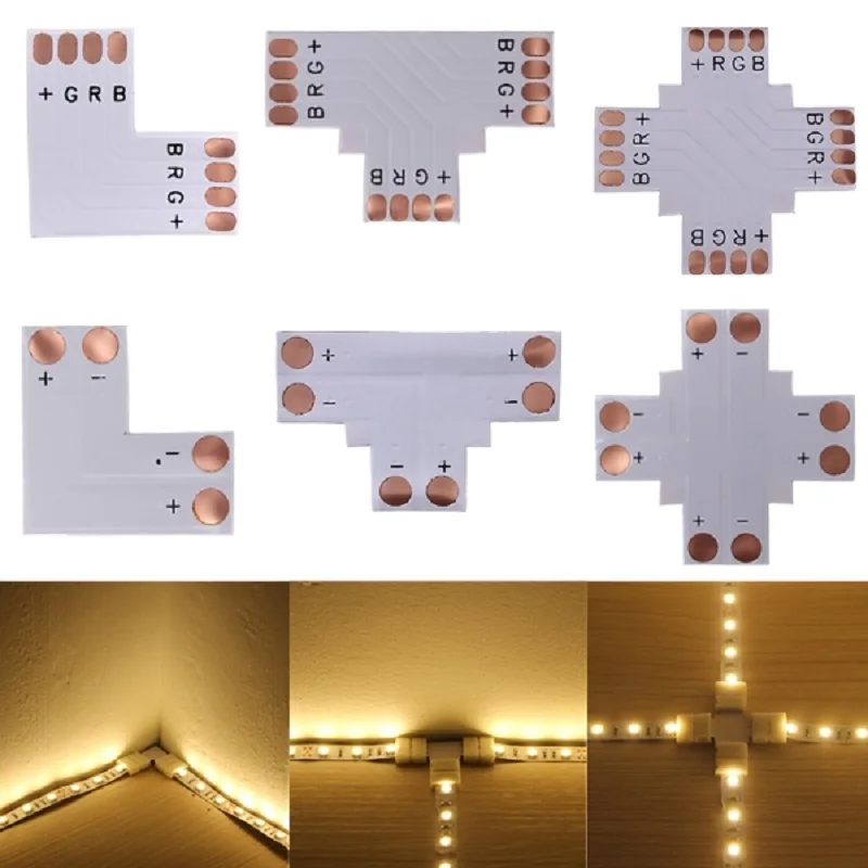 buy Smuxi 1Pcs 4pin Connector Adapter Cross + T L Shape DC12 24V PCB Connectors for Single Color 5050 3528 RGB LED Strip Light
