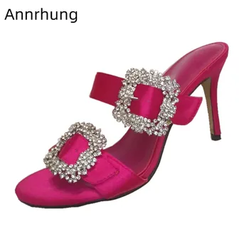 

Luxury Crystal Buckle Satin Slippers Women Sexy Open Toe One Strap Party Shoes Thin High Heel Slippers Slingback Mules