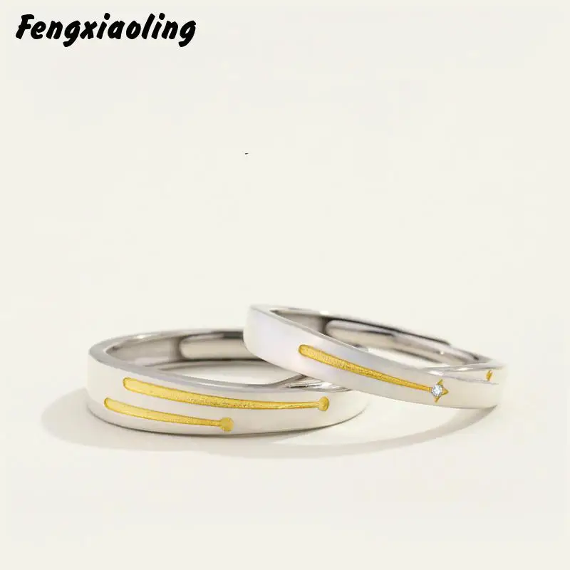 

Fengxiaoling New Fashion 100% Genuine 925 Sterling Silver Zircon Meteor Wedding Bands Couple Ring Fine Jewelry Cute Accessories