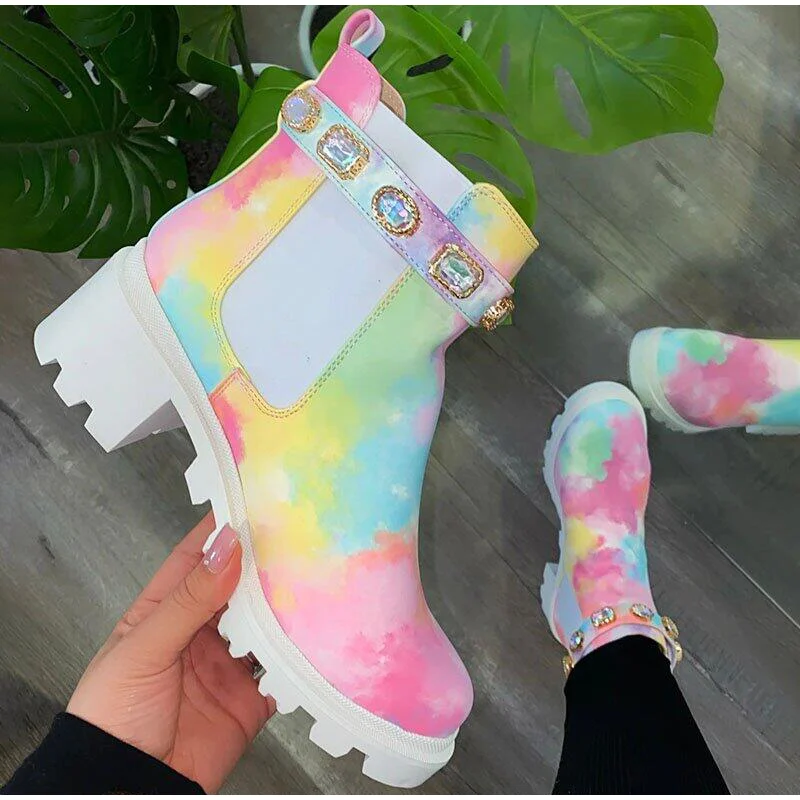 

Women's Ankle Boots Autumn Winter Rainbow Short Boots Square Heel Rhinestone Shoes Non-slip Fashion Thick Bottomn Footwear 2021