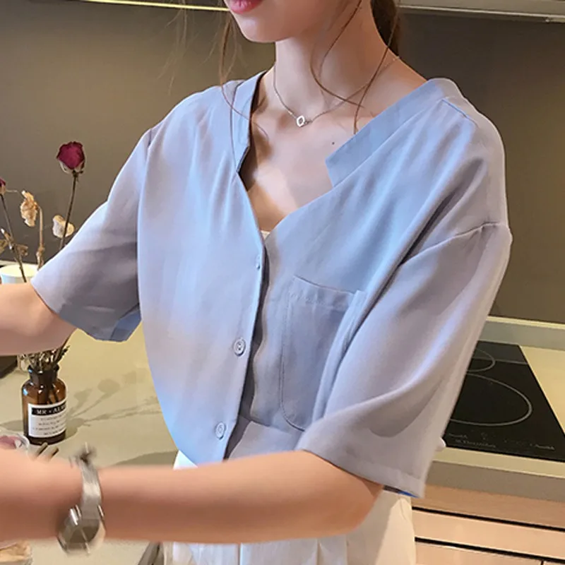 Women Blouse Loose V-Neck Casual Women Solid Color Blouses Summer 2019 Fashion Lady Short-Sleeve Shirt 2019 Summer Blouse