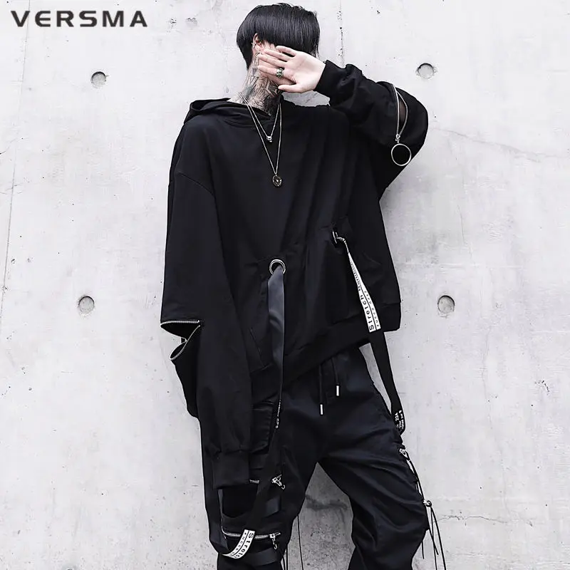 VERSMA японский Харадзюку ленты молнии лоскутное толстовки кофты для мужчин хип хоп панк негабаритных Готический пуловер для мужчин дропшиппинг