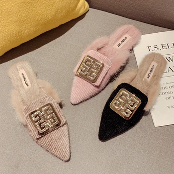 

Fur Slippers Women Winter Shoes Luxury Brand Buckle G Mules Female Furry Loafers Open Back Ladies Fashion Slides Woman 2020 New