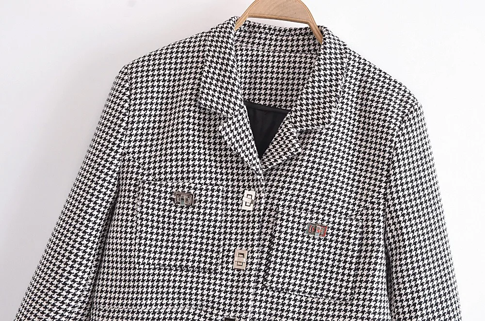 Retro French Style Green Check Plaid Weavon Cropped Blazer Women Notched Metal Buckle Buttons High Waist Suit Short Coat Outwear