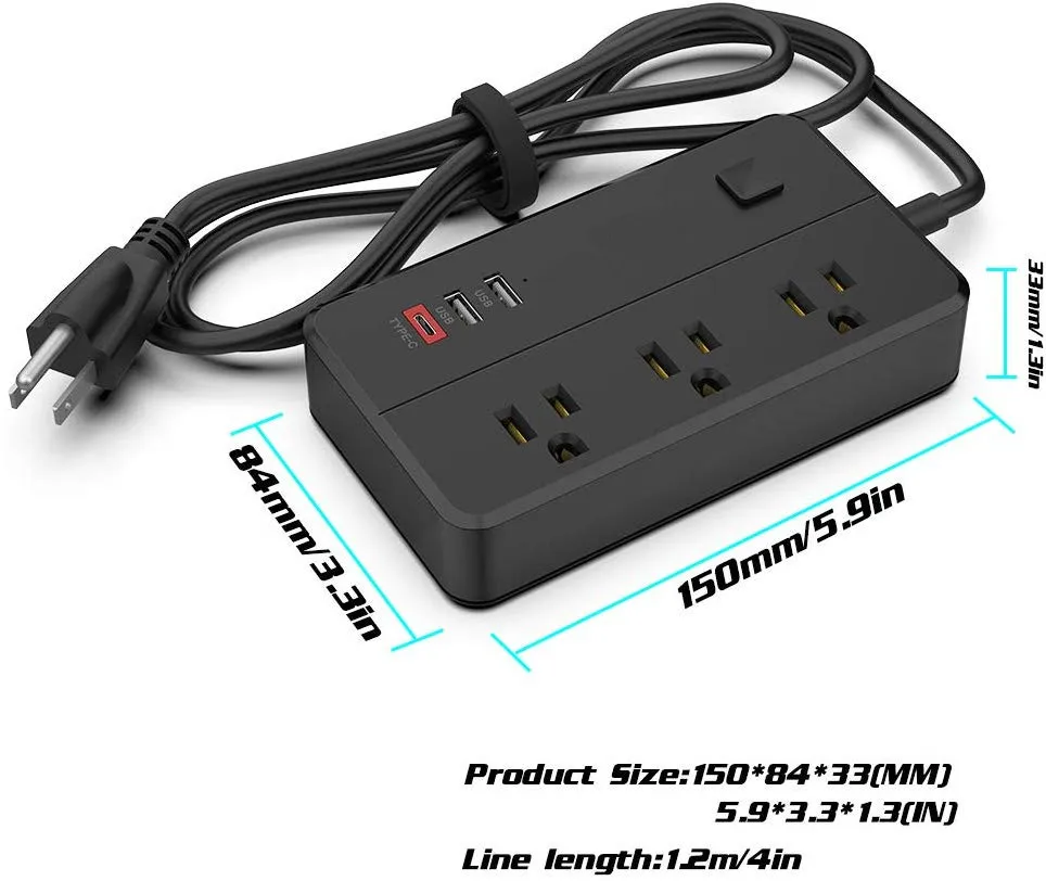 Блок питания с 2 USB и 1 портами type-C 3 розетками, Настольная зарядная станция 4 фута удлинитель для круизного корабля, комнаты общежития мульти