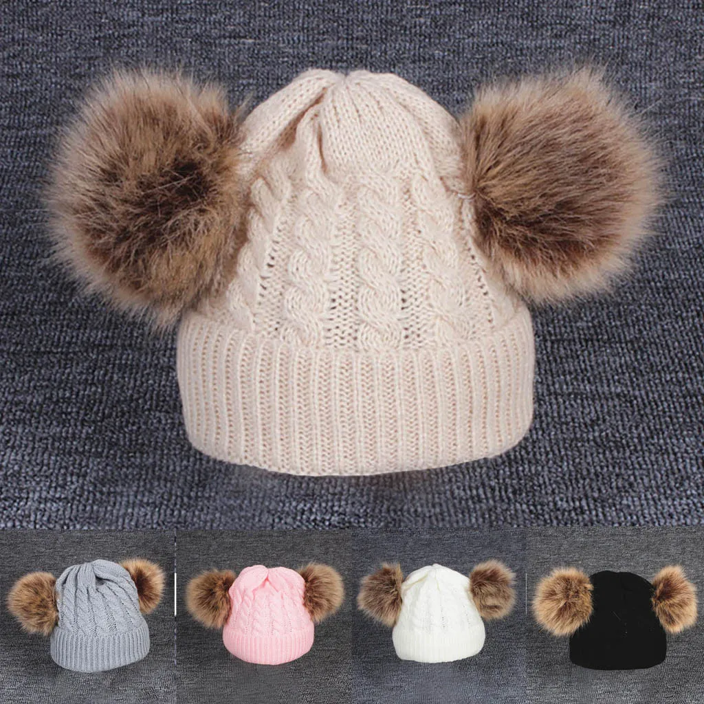 Детская шапка, вязаная шерстяная шапка, шапка с помпоном, меховая шапка, милые однотонные теплые зимние шапочки для мальчиков и девочек