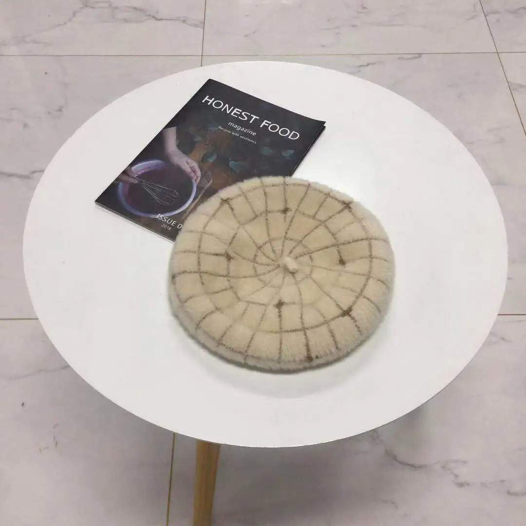 beige Береты, шапка для женщин, Осень-зима, в клетку, тыква, бутон, шапка,, для девушек, повседневная, французская шерсть, теплая шапка - Цвет: beige