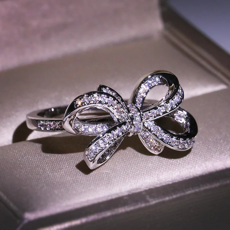 Женское роскошное кольцо для помолвки, романтическое серебряное обручальное кольцо с бантиком высокого качества с фианитом
