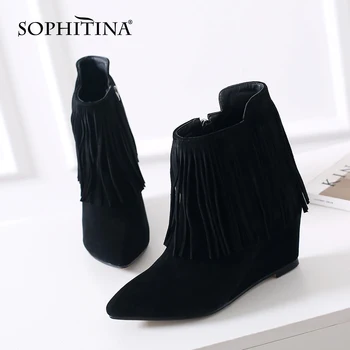 

SOPHITINA Roman Style Ankle Boots Woman Winter Genuine Leather Tassel Design Pointed Toe High Wedge Heel Fringe Boots PO786