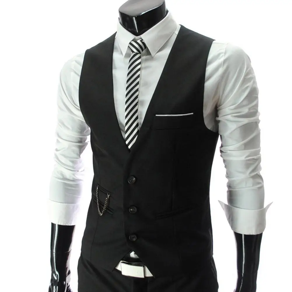 

Fashion Men Waistcoat Vest Solid Color V Neck Sleeveless Buttons Blazer Plus Size Formal Business Jacket chalecos para hombre