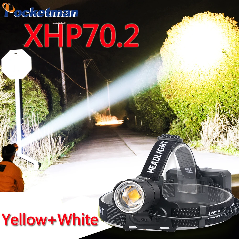 Najtaniej XHP70.2 Brightes lampa czołowa Led XHP70 żółty biały Led reflektor wędkowanie Camping Zoom ładowalna latarka usb użyj 3*18650 baterii
