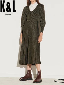

French commuter puff sleeve V-neck waist knit dress women 20 autumn winter new long-sleeved gold silk thread knitted long skirt